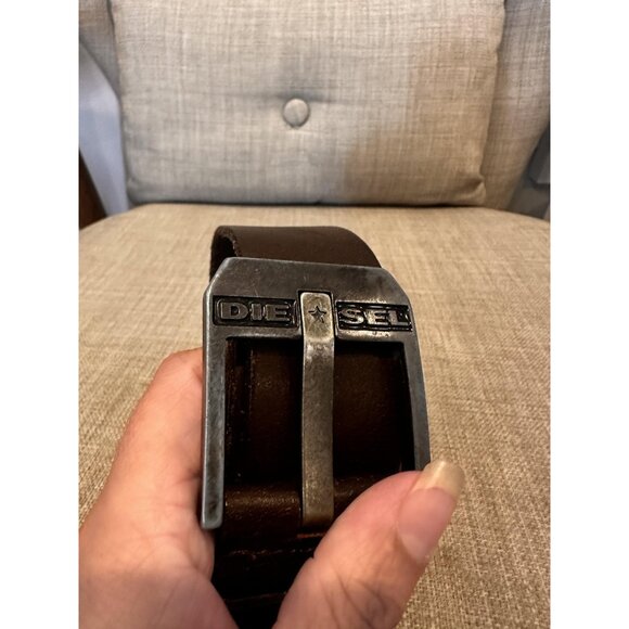 VTG Diesel Belt Mens 32 Brown Leather Logo Buckle 80/32 Antique Silver Wide - Picture 3 of 10